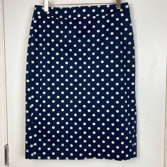 J. Crew No 2 Pencil Skirt Navy White Polka Dot Stretch Cotton sz 8 Preppy Office - Picture 2 of 11